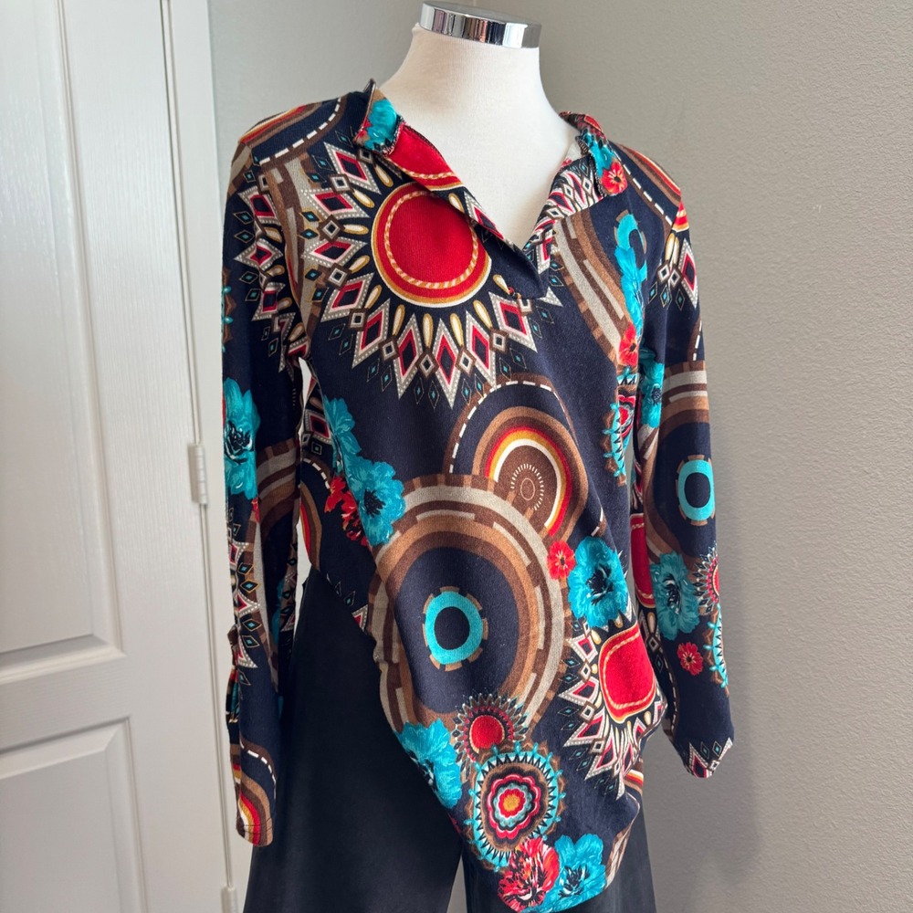 WinWin‎ Button Sleeve Tunic Top Floral Print Long Sleeve S-M